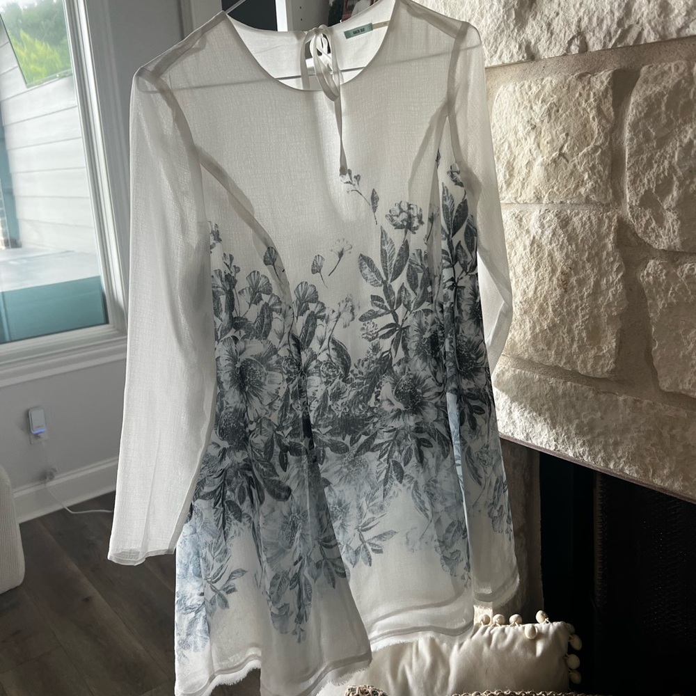 Dress w/shades of black floral graphic, raw edges fully lined like NEW SIZE XS